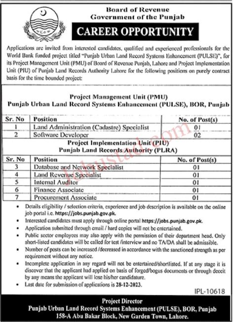 Board Of Revenue Punjab Jobs Advertisement Application Form