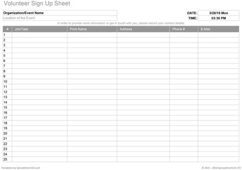 Printable Volunteer Sign Up Sheet Template Printable Templates