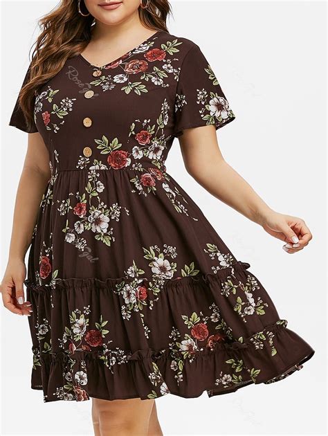 Plus Size Ruffle Floral Print Dress [35 Off] Rosegal