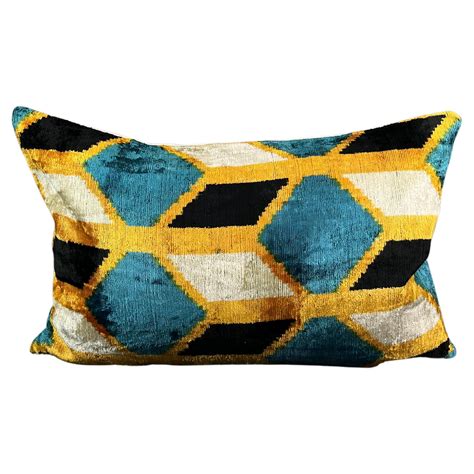 Blue And Yellow Small Velvet Silk Ikat Pillow Cover For Sale At 1stDibs