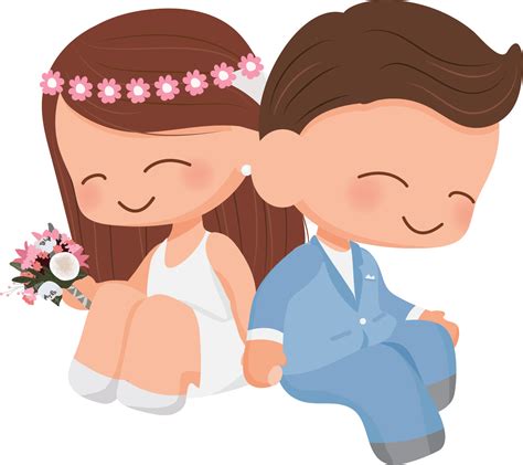 Cute Cartoon Wedding Couple In Blue Suit And Dress Png