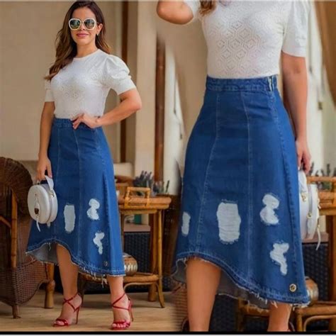 Saia Jeans Midi Acinturada Forro Barra Ondulada Detalhes