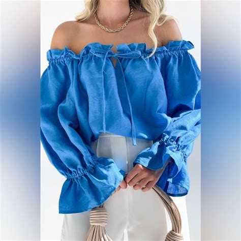 Royal Blue Drawstring Off Shoulder Flounce Sleeve Blouse In 2024