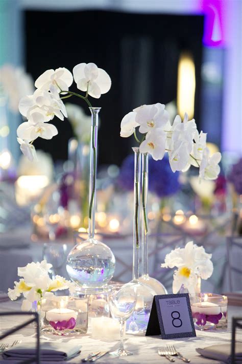 Modern Centerpiece With Beaker Vases And White Phalaenopsis Orchids