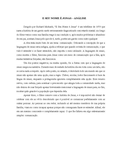 Resumo Do Filme Meu Nome E Jonas - Resumo Do Filme Seu Nome é Jonas - RETOEDU