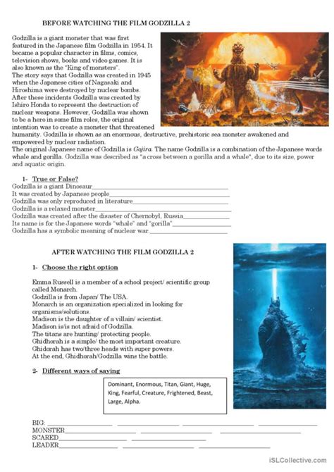 Godzilla Reading For Detail Dee English Esl Worksheets Pdf Doc