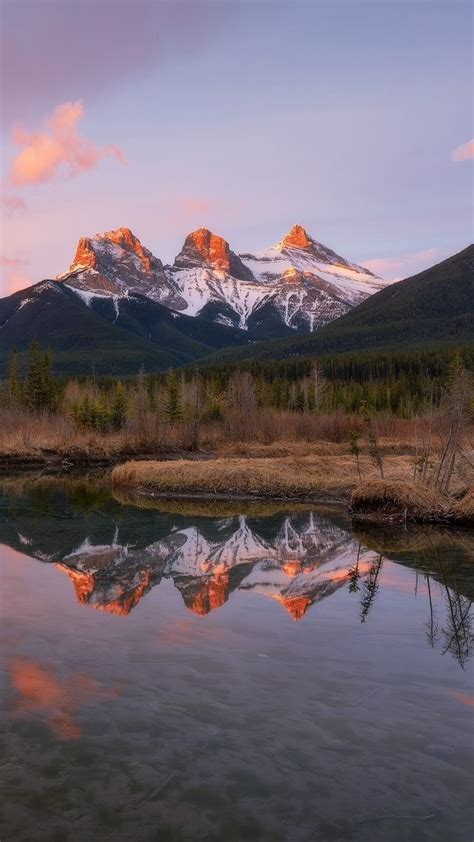 Odbicie szczytów Three Sisters w rzece Bow River Tapeta na telefon