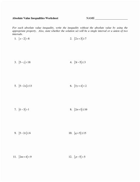 Absolute Value Function Worksheets