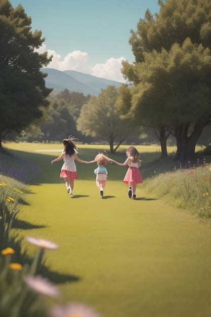 Premium Ai Image Three Girls Walking Down A Golf Course Holding Hands