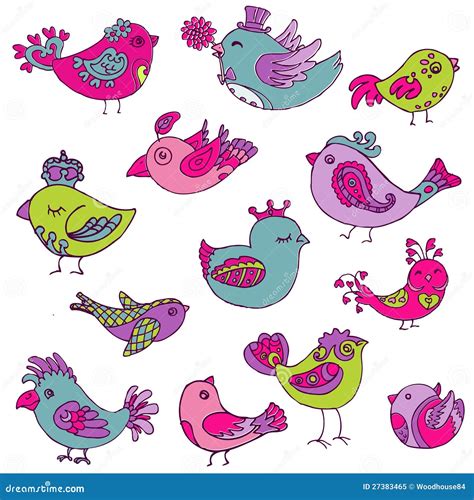 Colorful Birds Doodle Collection Stock Vector Illustration Of