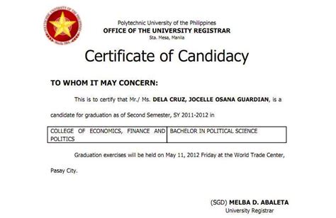 Simply Jhaycee Gradblues My Certificate Of Candidacy