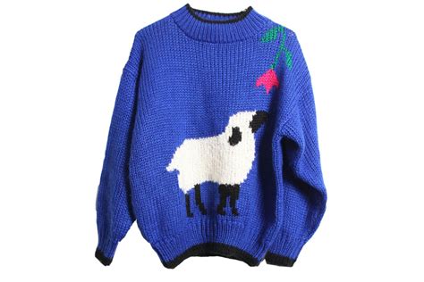 Cute Sheep Sweater Vintage Bright Blue Hand Knit Sheep