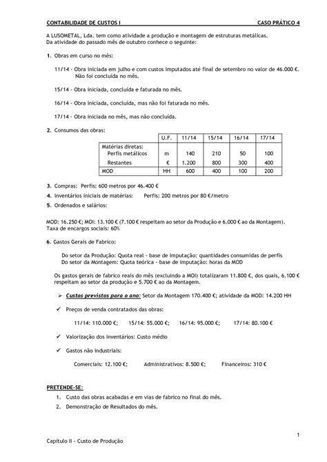 Caso Pr Tico Custos De Produ O Contabilidade De Custos I Caso