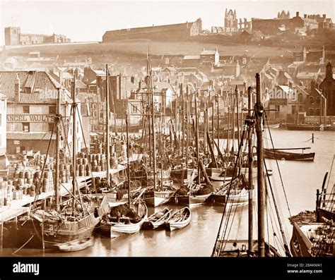 Whitby Harbour And Abbey Victorian Period Stock Photo Alamy