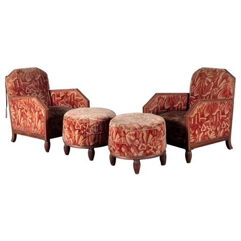 1930s Art Deco Lounge Chairs With Matching Ottomans Manner Of Paul