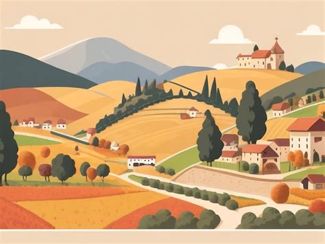 Charming Italian Village Whimsical Cartoon Landscape Drawing Premium