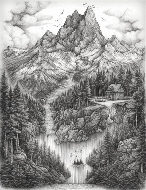 Premium AI Image | A drawing of a mountain landscape with a mountain in ...