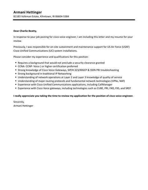 Cisco Voice Engineer Cover Letter Velvet Jobs