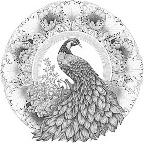 Premium Photo | A black and white drawing of a peacock sitting on a ...