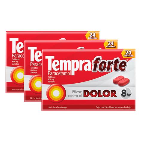 Tempra Forte Paracetamol 650mg 3 Cajas Con 24 Tabletas Cu