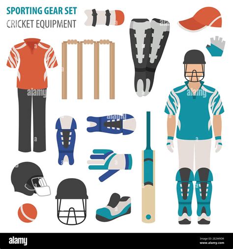 Sporting gear set. Cricketer equipment and accessories flat design icon ...