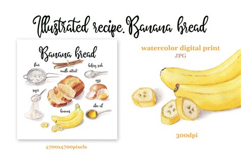 Watercolor Recipe Illustration Banana Bread Digital Print Etsy