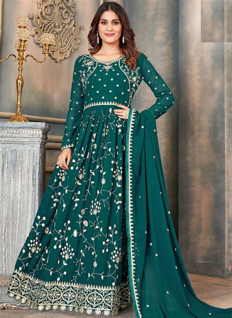 Shop Rama Green Faux Georgette Embroidered Anarkali Suit Party Wear