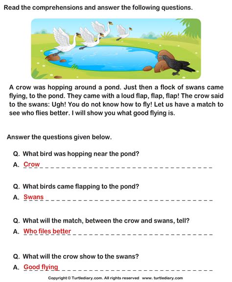 Reading Comprehension Crow Worksheet Turtle Diary