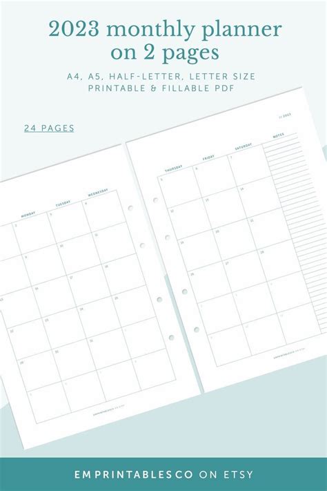 Printable 2023 Monthly Calendar On Two Pages Instant Download These