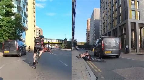 Shocking Moment Van Smashes Into A Cyclist As They Both Take A Left