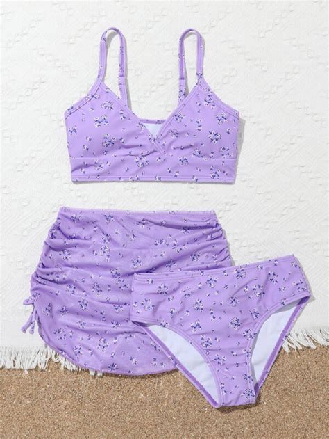 Girls Floral Bikini Swimsuit With Drawstring Beach Skirt Shein Uk