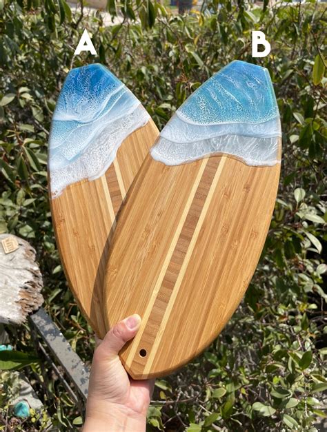 Surfboard Epoxy Resin Wave Bamboo Wood Cutting Cheese Board Etsy