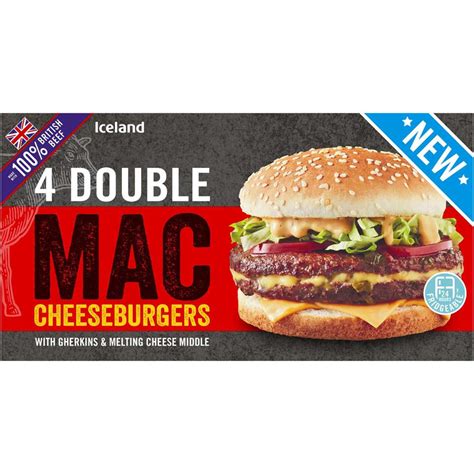 Iceland 4 100 British Beef Double Mac Cheeseburgers 454g Burgers