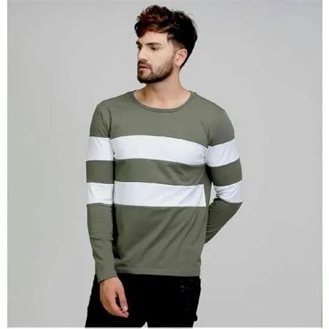 Full Sleeves Green And White Mens Party Wear Cotton T Shirt Size S