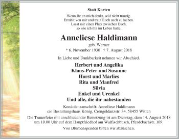 Traueranzeigen Von Anneliese Haldimann Trauer In Nrw De