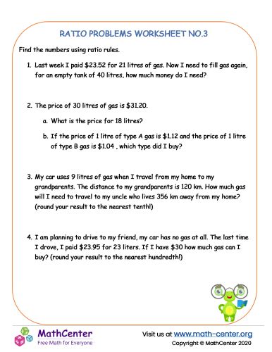 Ratio problems worksheet no3 | Worksheets | Math Center