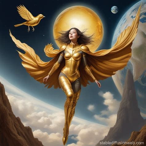 Bird Woman In Golden Armor Soars From Earth Stable Diffusion Online