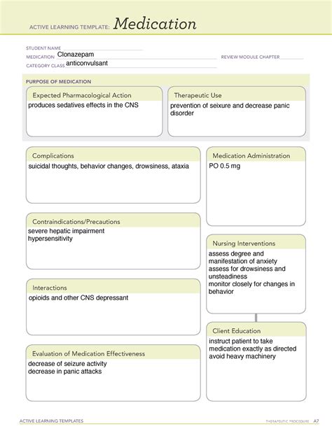 Clonazepam Medication Template