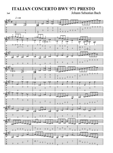 タブ譜付き楽譜 ヨハンゼバスティアンバッハ イタリア協奏曲 BWV 971 プレスト Sheet music with Tab