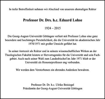 Traueranzeigen Von Professor Dr Drs H C Eduard Lohse Trauer