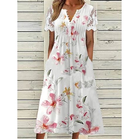 Damen Lässiges Kleid Blumen Spitzenkleid Sommerkleid V Ausschnitt