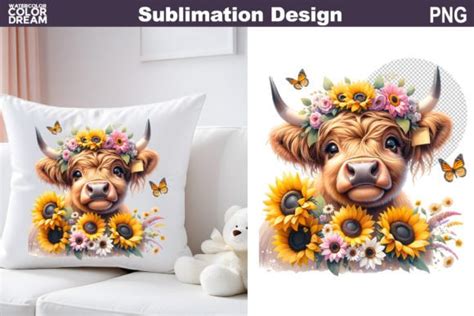 Cute Highland Cow Sunflowers Sublimation Graphic By