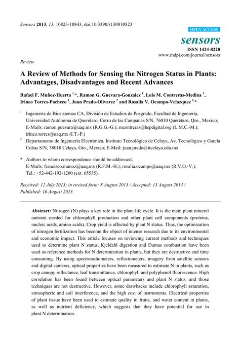 A Review Of Methods For Sensing The Nitrogen Status In Plants Advantages Disadvantages And