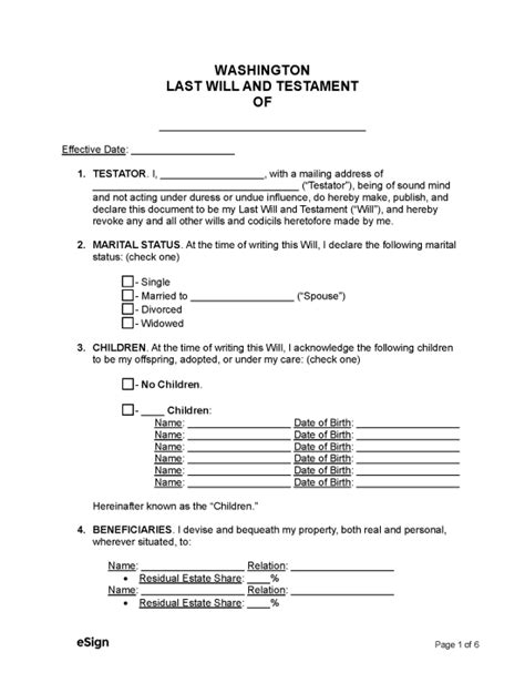 Free Washington Last Will And Testament Template Pdf Word