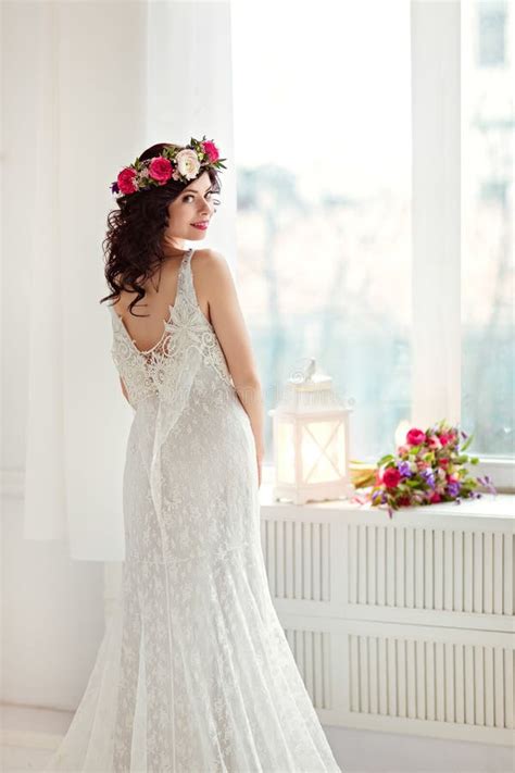 Portrait Of Beautiful Brunette Girl In A White Fishnet Dress Wit Stock Image Image Of Elegance