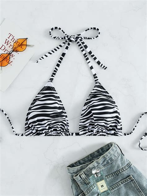 SHEIN Swim Vcay Zebra Stripe Halter Triangle Bikini Top SHEIN USA