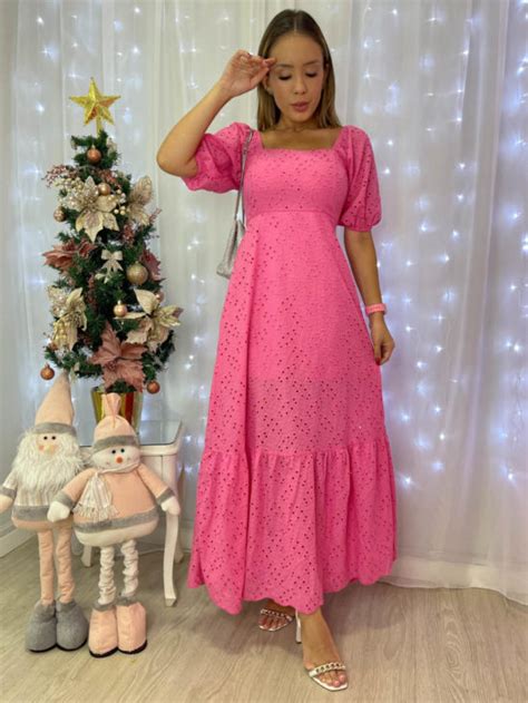 Vestido Midi Lese Decote Quadrado Manguinha Amarra O Traseira Rosa