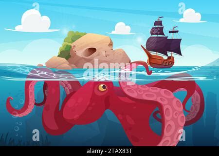 Tentacles Of Octopus Sink Pirate Ship In Ocean Or Sea Waves Vector