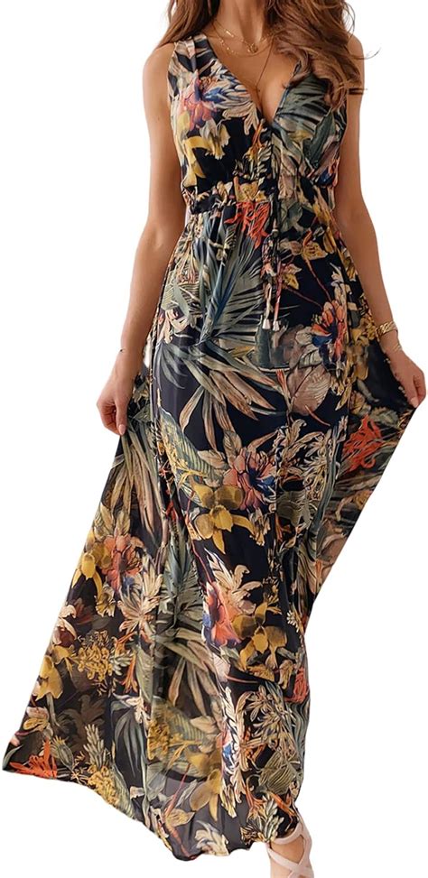 Tiaford Womens V Neck Spaghetti Strap Backless Maxi Dress Tropical