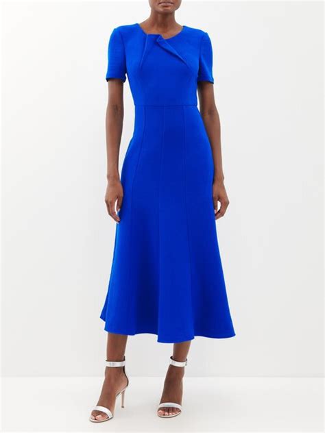 Roland Mouret Draped Wool Crepe Midi Dress Cobalt Blue Editorialist